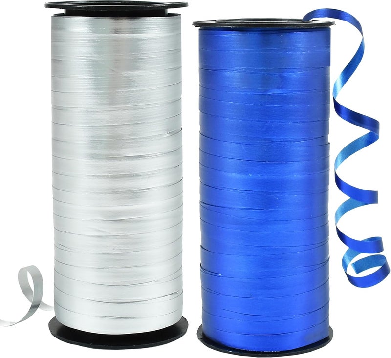 BEISHIDA Blue and Silver Curling Ribbons Balloon String Ribbons - 2 Pack 100 Yards for Gift Warppping Birthday Bachelor Winter Holiday Party Decorations - Image 1